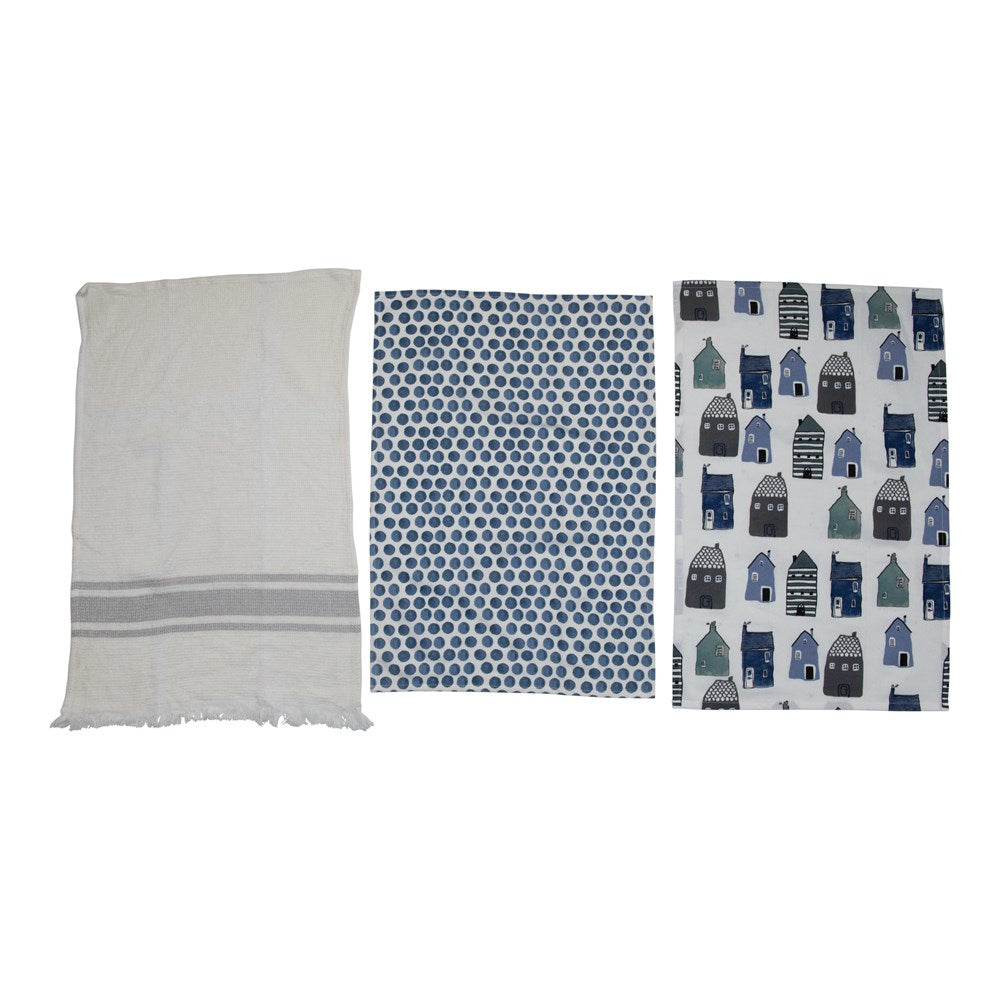 Set of 3 Blue and White Tea Towels