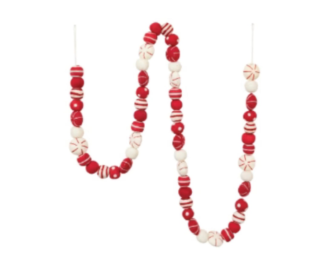 Wool Felt Ball Garland with Embroidery, Red and Cream Color