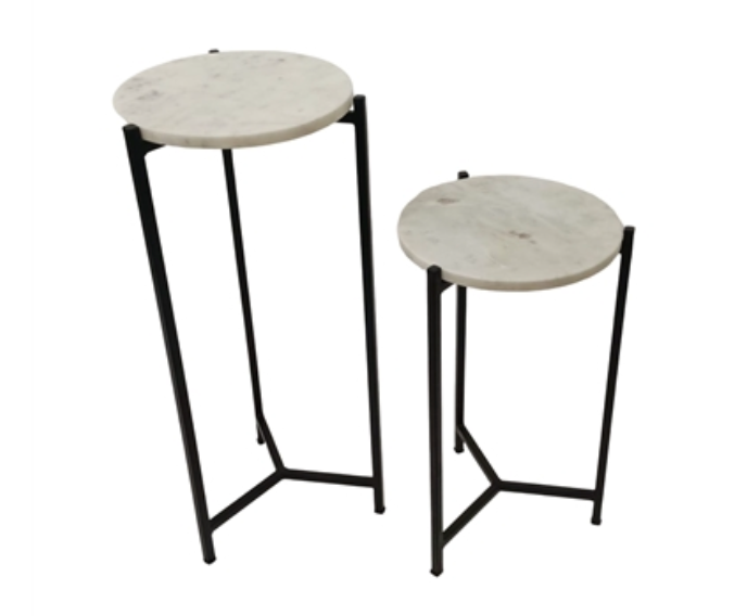 Set of 2 White Marble Accent Tables w/Black Stand