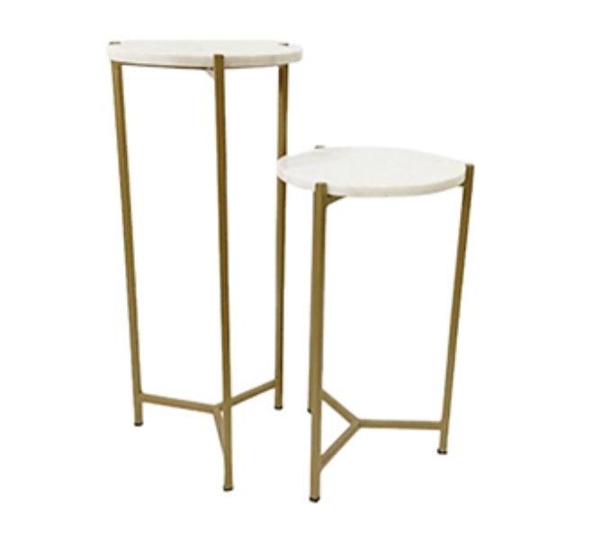 Set of 2 White Marble Accent Tables w/Gold Stand