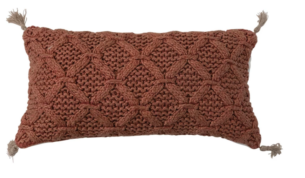 Woven Lumbar Pillow w/ Diamond Pattern & Jute Tassels