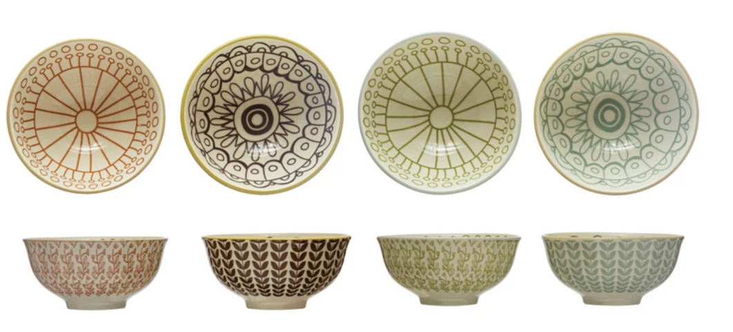 Stoneware Bowl w/ Pattern, 4 Colors, 2 Styles
