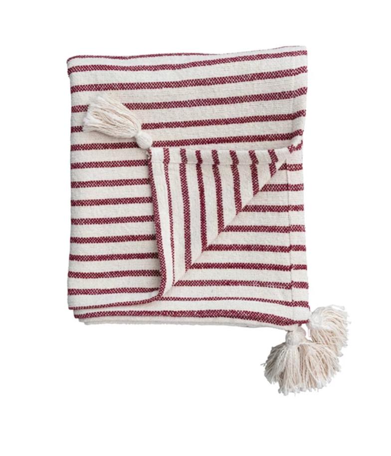 Cotton Slub Throw w/ Stripes & Tassels, Red & Cream Color
