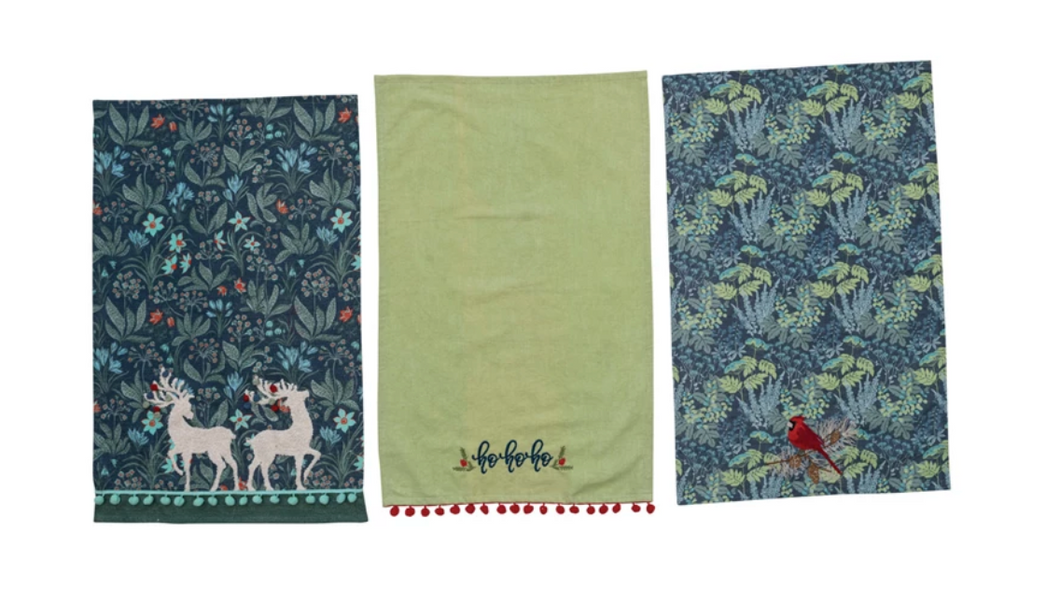 Tea Towel w/ Embroidery & Pom Pom Trim, 3 Styles