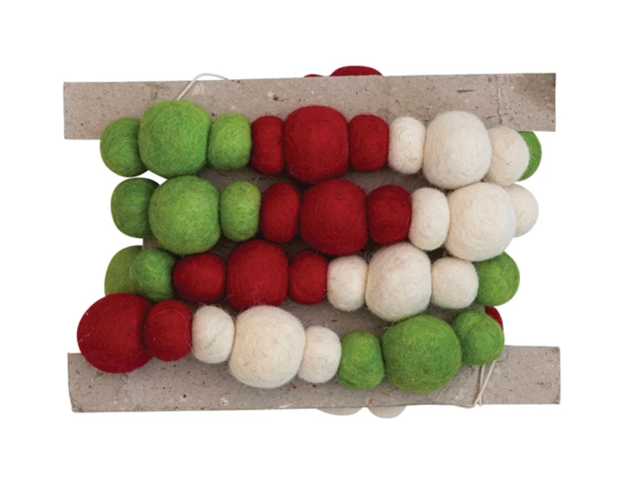 Handmade Wool Felt Ball Garland, Red, Green & Cream Color