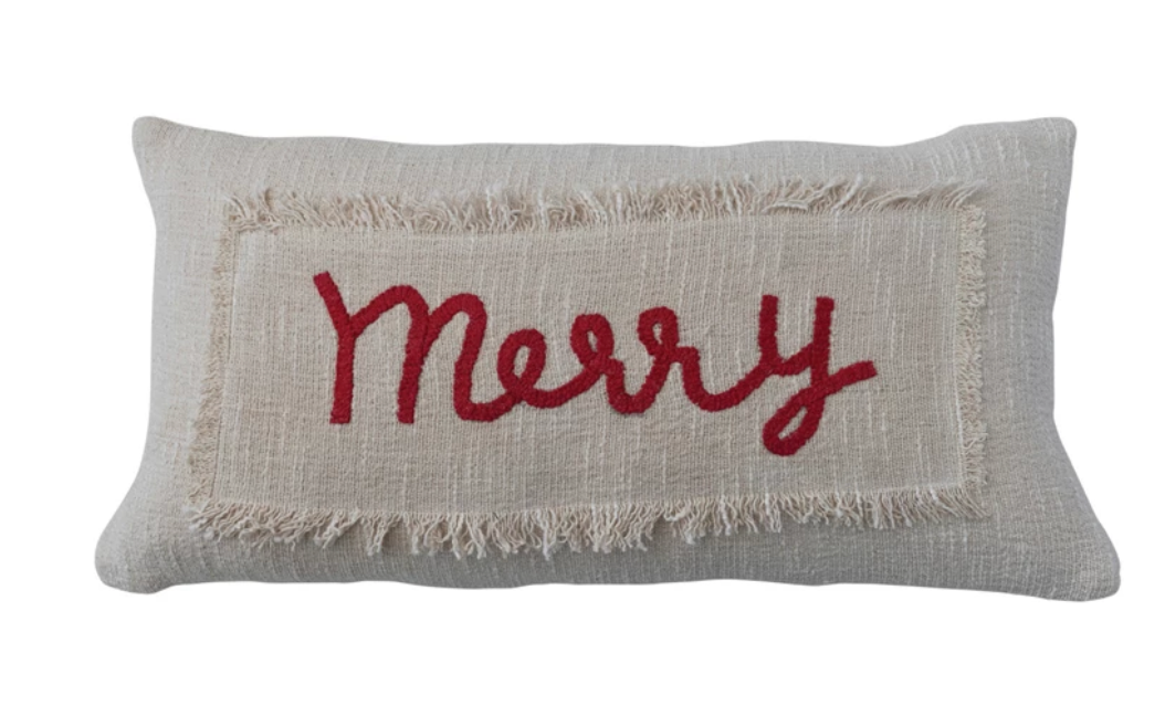 Cotton Slub Lumbar Pillow w/ Fringe & Embroidery 