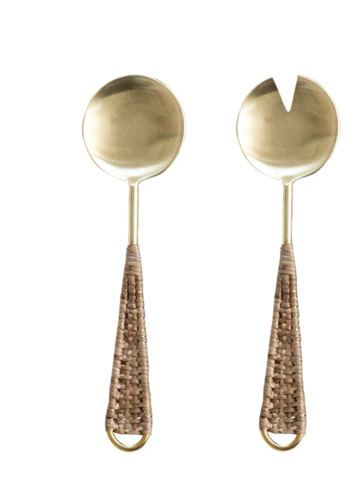 Stainless Steel & Rattan Salad Servers, Gold Finish & Natural, Set of 2
