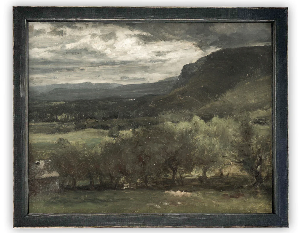 Vintage Framed Art-Mountains Over Valley w/Black Frame