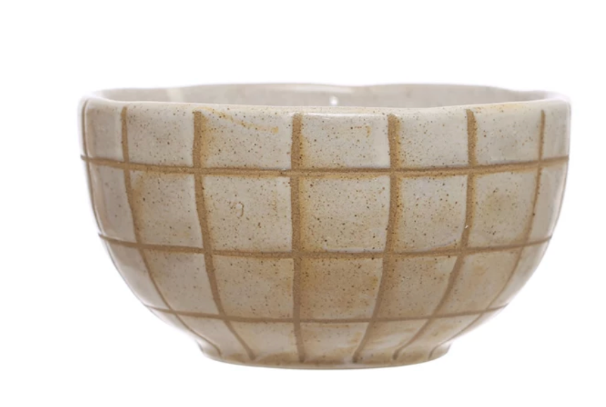 Stoneware Bowl w/ Wax Relief Grid Pattern, Reactive Glaze (Each One Will Vary)