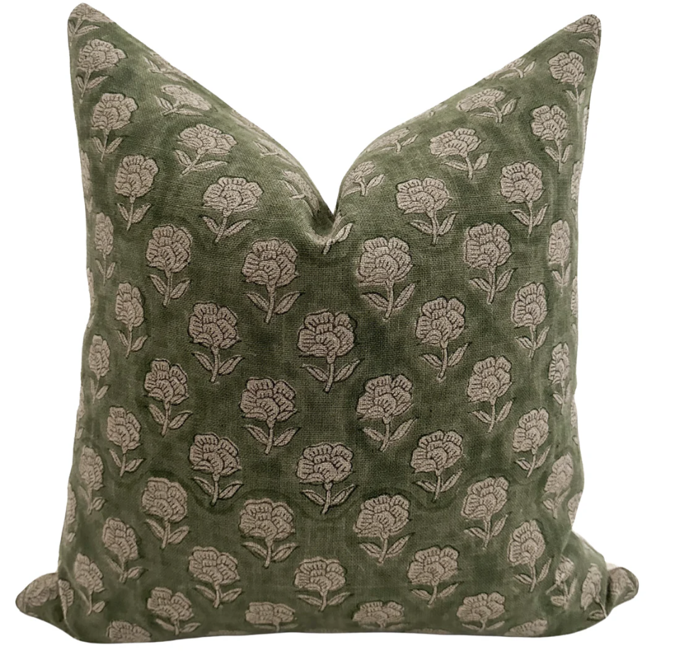 Green Block Print Floral Pillow Cover-22