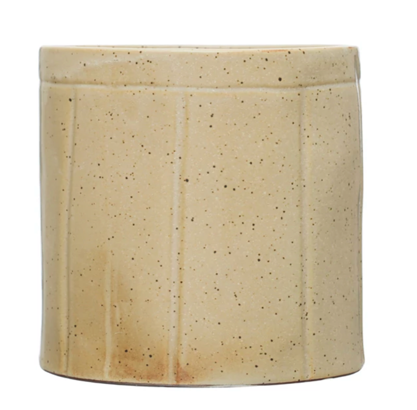 Decorative Stoneware Crock w/ Debossed Lines, Reactive Glaze, Beige