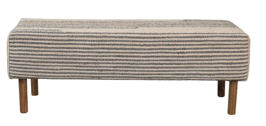 Woven Jute & Cotton Striped Bench w/ Oak Wood Legs-Local Pickup Only