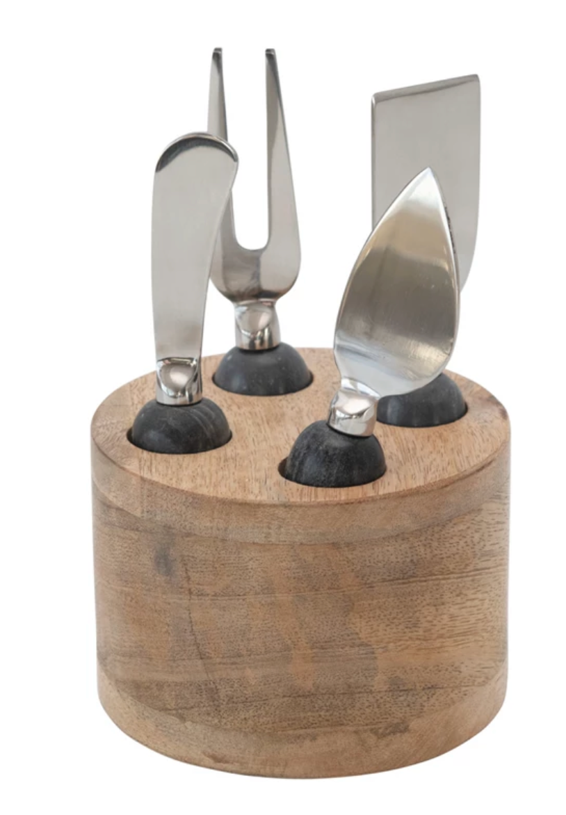 Cheese Servers with Wood Stand, Set of 5