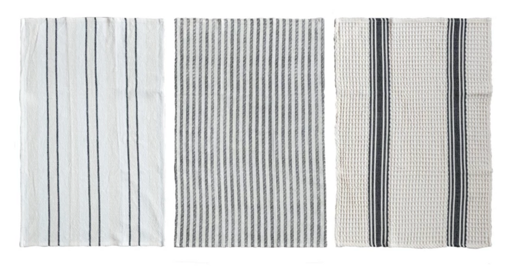 Woven Cotton Slub Tea Towel w/ Stripes, 3 Styles