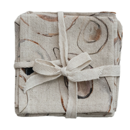 Cotton & Linen Printed Cocktail Napkins w/ Oysters Pattern, Set of 4