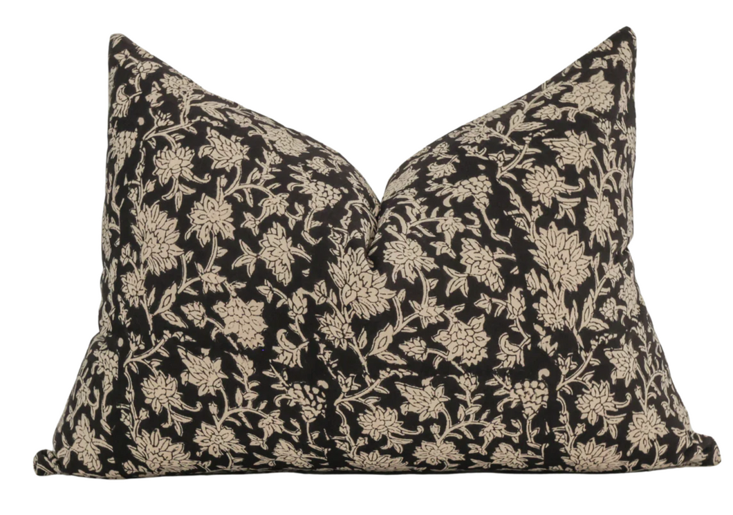 Black Floral Print Lumbar Pillow Cover