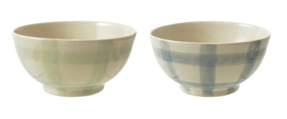 Hand-Painted Stoneware Bowl w/ Grid Pattern, Reactive Glaze, 2 Colors