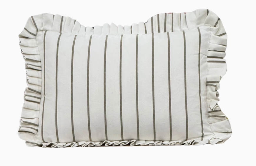 Ruffle Lumbar Pillow Cover-Olive and White Stripes