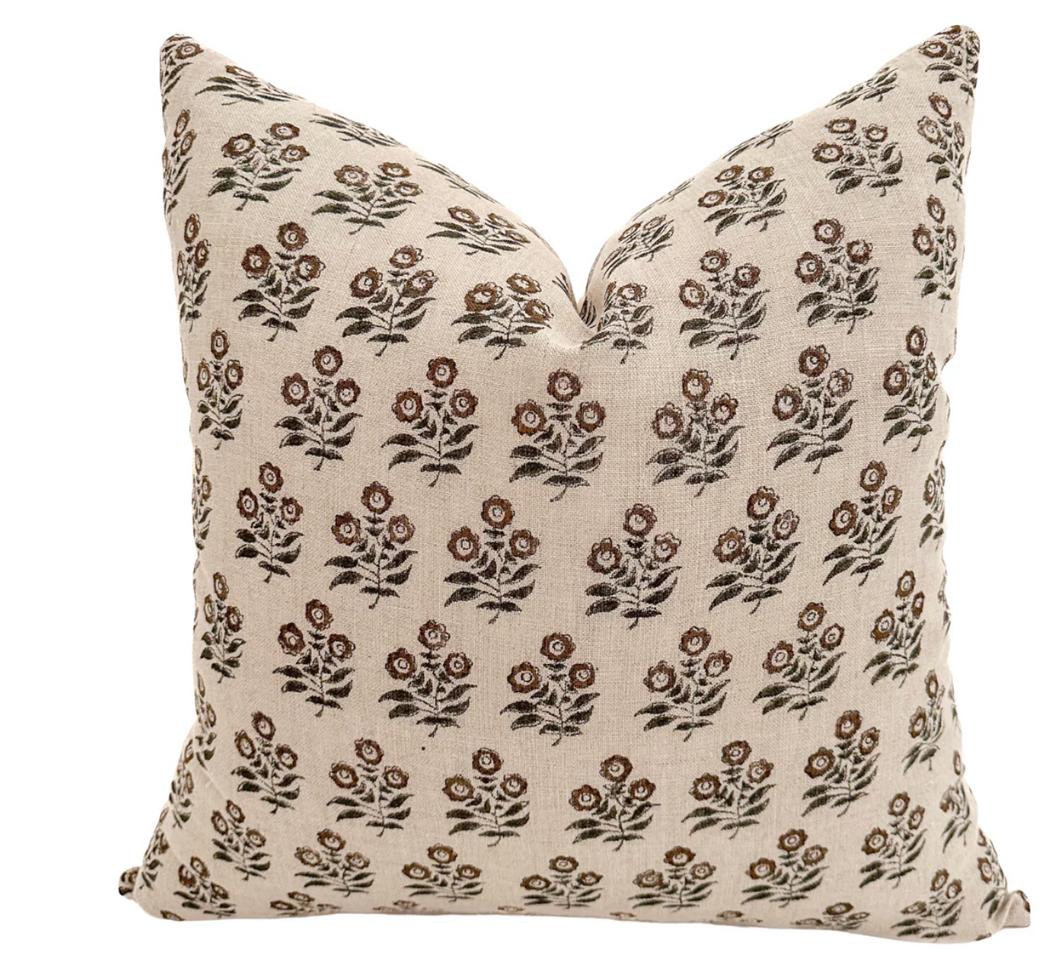 Taupe Floral Blockprint Lumbar Pillow Cover