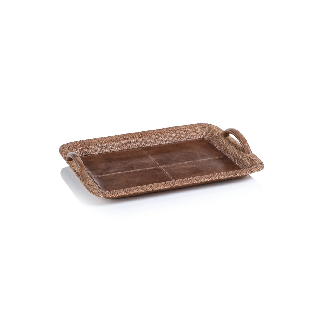 Leather and Raffia Serving Tray-Small