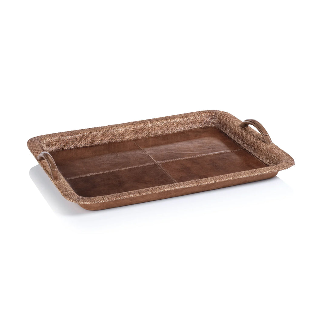 Leather and Raffia Serving Tray-Large