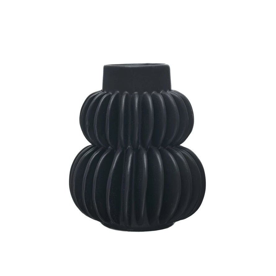 Pleated stoneware vase-matte black