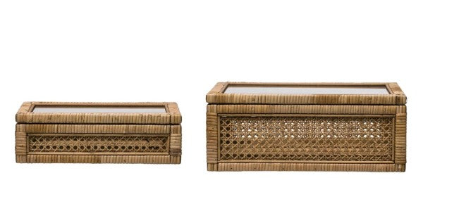 Woven Rattan & Wood Display Box w/ Glass Lid-Large