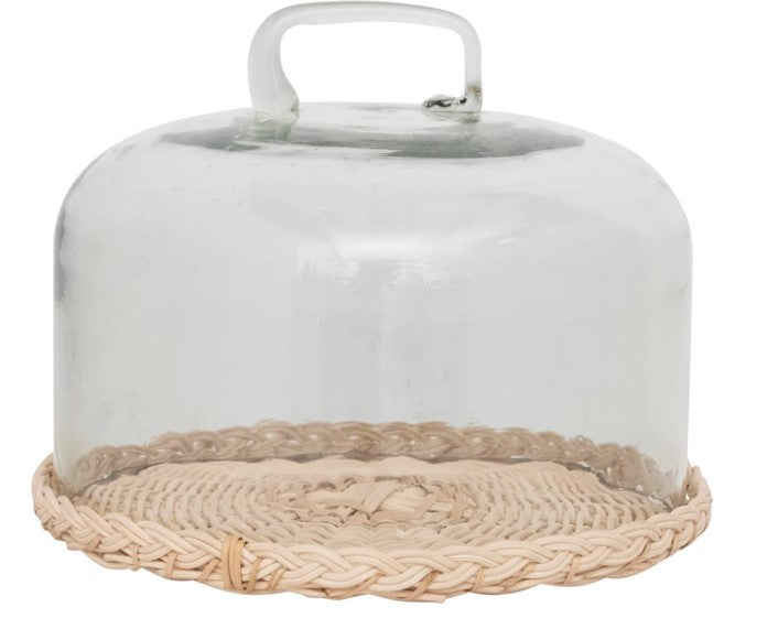 Glass cloche with woven rattan base