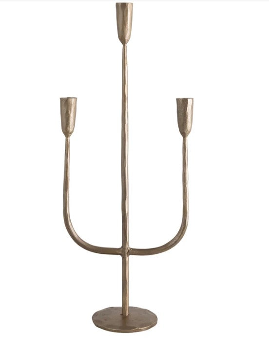 Hand-Forged Iron Candelabra, Antique Brass Finish (Holds 3 Tapers)
