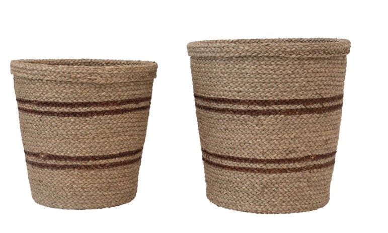 Hand-Woven Seagrass Baskets w/ Brown Stripes-Medium