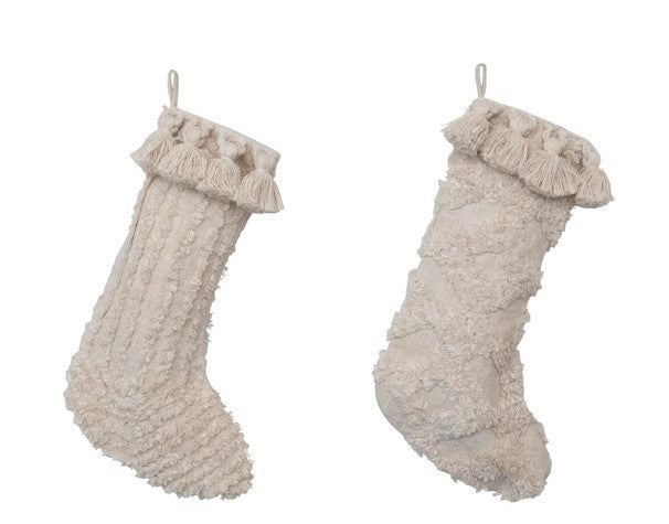 Cotton Slub Stocking with Tufting and Tassels, Cream Color, 2 Styles