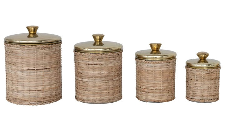 Rattan Wrapped Stainless Steel Canisters, Brass Finish, Set of 4