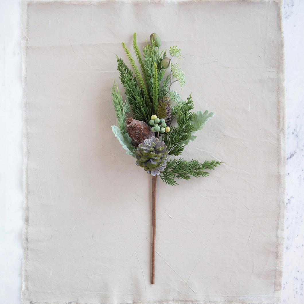 Faux greenery spray with natural pinecones