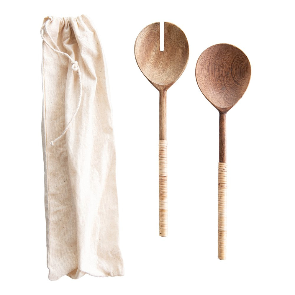 Salad servers with bamboo wrapped handles