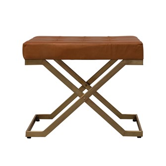 Tufted Leather Stool with Brass Finish Metal Legs, Camel Color