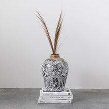 Load image into Gallery viewer, Hand-painted terracotta vase w/ banana leaf rim, black &amp; white
